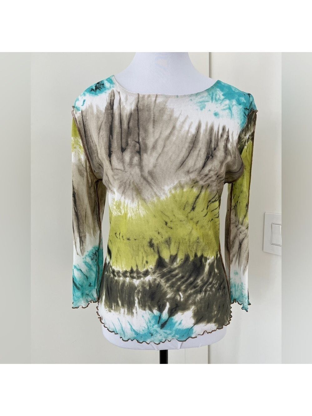 FUNSPORT Mesh 3/4 Length Sleeve Sheer Pullover Top Scoop Neck Tie Dye Boho Chic